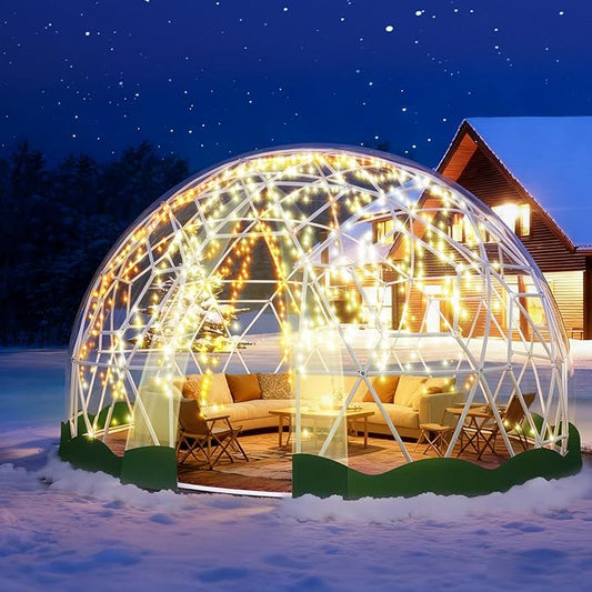 12FT Garden Dome Tent, Geodesic Dome Greenhouse with PVC Clear Cover, Waterproof Garden Bubble Dome Tent House with 2 x 10M Light Strings for Outdoor, Patio, Backyard, Party (Green Edge, 15FT/4.6M)