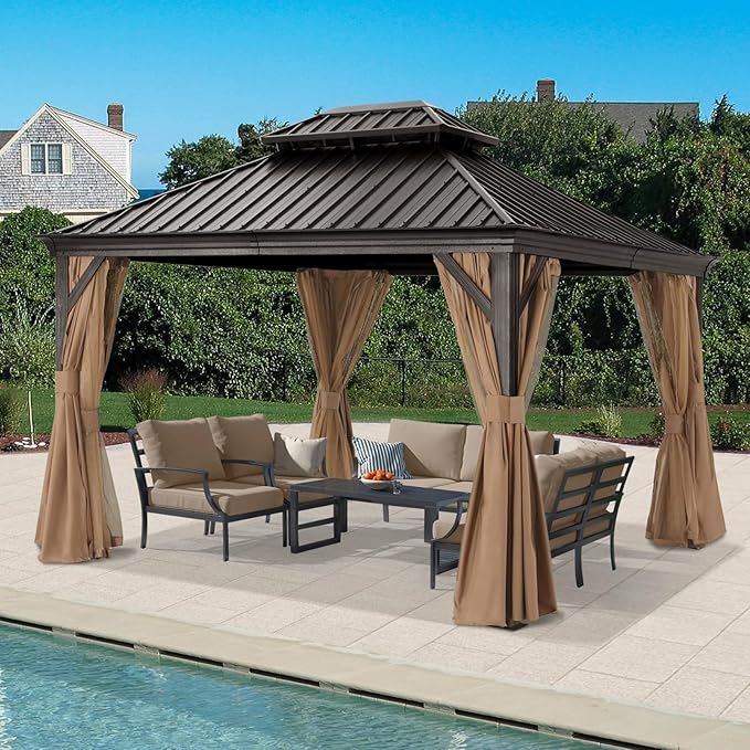 ABCCANOPY Hardtop Gazebo 10x12 - Outdoor Metal Hard Top Gazebo, Permanent Galvanized Steel Aluminum Framed Pavilion with Netting and Curtain for Patio Backyard Lawn Garden (Double Roof, Khaki)