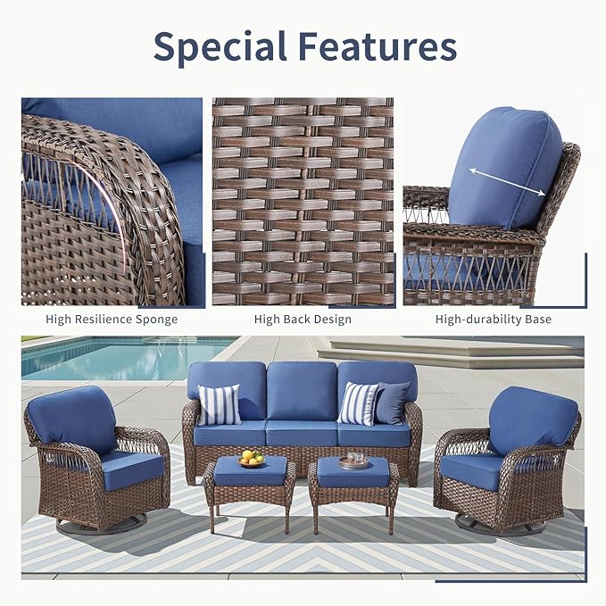 6 Pieces Patio Furniture Set Outdoor Sectional Sofa Couch with Rocking Swivel Chairs 5" Deep Seat Chairs, Modern Wicker Rattan Conversation Set, Blue/Brown Wicker