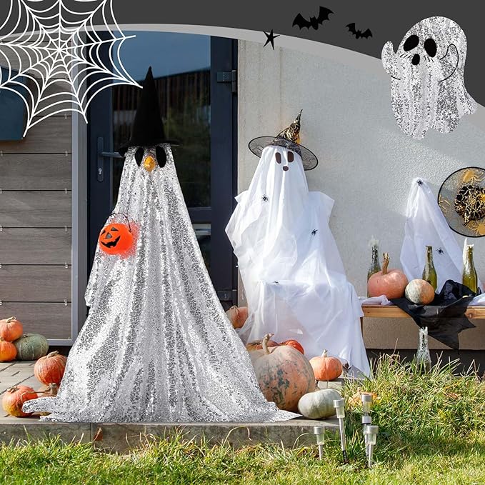 Halloween Porch Goose Outfit Ghost Lawn Goose Clothes with Pumpkin Bag for 23" Disco Plastic/Cement Outdoor Patio Yard Lawn Art Decoration(Silver,Sequins)