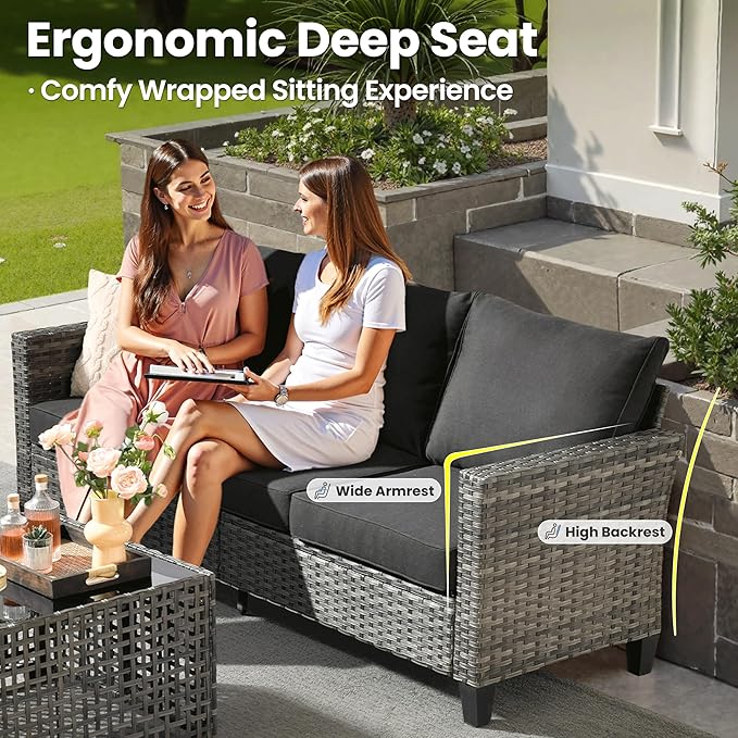 ovios 8 Pieces Patio Furniture Set Outdoor Sofa Couch with Solar Lights Table Comfy Cushions, Modern Deep Seat Wicker Rattan Conversation Set for Porch Deck, Black