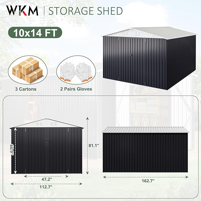 WKM 10x14 Outdoor Storage Shed, Garden Shed with Updated Frame Structure and Lockable Doors, Metal Tool Sheds for Backyard Garden Patio Lawn, White