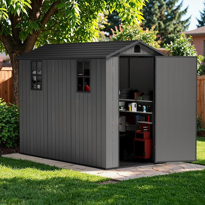 Greesum 4x8FT Plastic Outdoor Storage Shed with Floor, Resin Storaged Sheds with Lockable Door, Window & Vent, All-Weather Tool Sheds for Garden, Backyard, Patio, Dark Gray (One-Piece Panel)