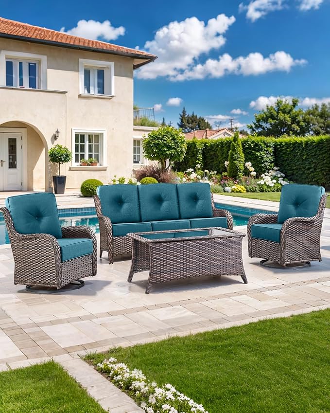 Luxury 22x24/22x25 6-Inch Outdoor Chair Cushions Set of 4 - Heavy Duty Water Repellent Comfortable Cushion for Patio Furniture Set Dining Rocking Chairs Loveseat L-Shape Sofa - Peacock Blue