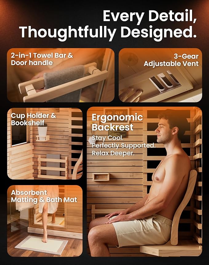 PAETA Infrared Sauna | 1-Person Indoor Dry Sauna with 5 Carbon Heaters | Fast & Even Heating Low EMF | Bluetooth & Chromotherapy for Home Sauna(Wooden)