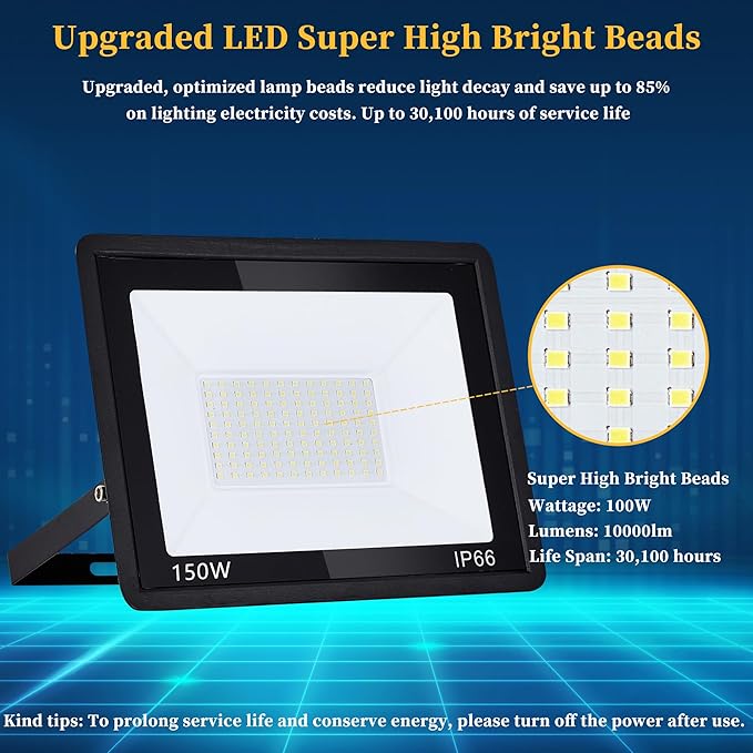 ADYENA 2 Pack 150W LED Flood Lights Outdoor, Plug in LED Work Light, 1500LM Super Bright Outdoor Lights, IP66 Waterproof 6000K Daylight White Floodlights for Garage Yard Garden Playground