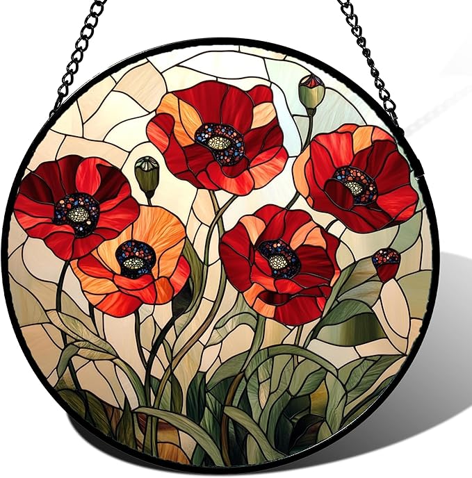 Stained Glass Window Hanging - Red Wildflowers Suncatcher for Door Garden Yard Flowers Sun Catchers Decor Christmas Mother's Day Birthday Gifts for Women Mom Nana Friend Men 9.8 in