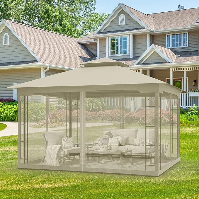 EAGLE PEAK Patio Gazebo with Mesh Netting 13x11 at Top 12x10 Footprint, Soft Top Outdoor Pavilion for Backyard, Deck, Lawn and Garden, Beige