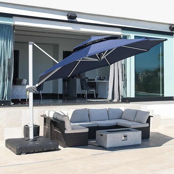 PURPLE LEAF 11 Feet Patio Umbrella Outdoor Round Umbrella Large Cantilever Umbrella Windproof Offset Heavy Duty Sun for Garden Deck Pool Patio, Navy Blue