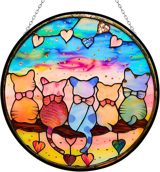 Valentine Stained Glass Window Hanging - 5 Cats on a Branch Suncatcher for Window Doors Home Decoration and Christmas Wall Decor, Mother's Day Birthday Gifts for Women, Mom, Lovers 6.3 in