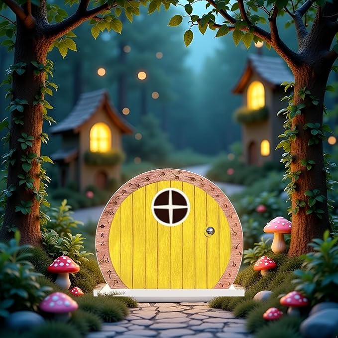 Yellow Archway Mini Fairy Garden Door for Tree, 3D Miniature Fairy Door for Fairytale Tiny House Doors, Bonsai Terrarium Micro Landscape Decoration Accessories Garden Miniatures