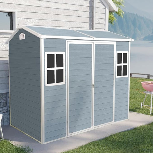 8x4 FT Outdoor Storage Shed,Garden Shed with Floor & 2 Windows,All Weather Waterproof Tool House W/Air Vent,Sloped Roof & Lockable Double Door,for Patio,Yard,Lawn,Grey