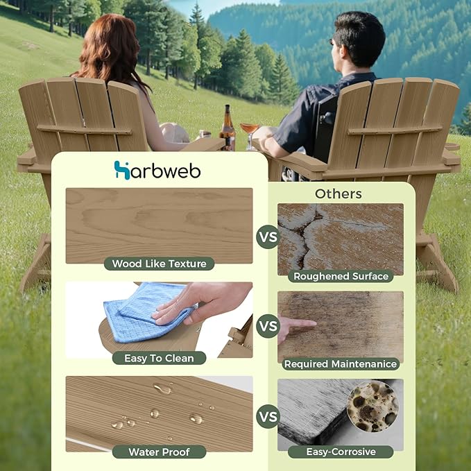 Folding Adirondack Chair Wood Texture 4 Pack, HDPE All-Weather Fire Pit Chairs, Plastic Adirondack Chairs with 2 Cup Holder, Outdoor Lawn Chair for Patio Garden (Teak)
