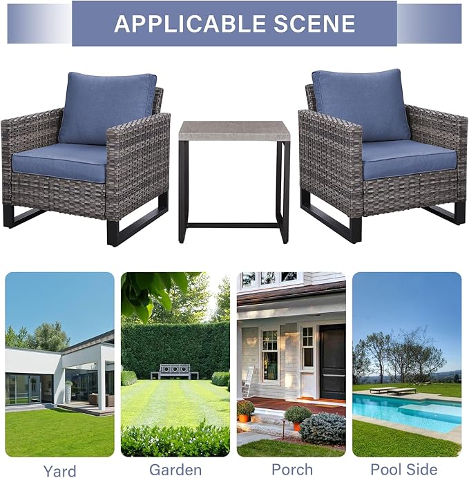 Rilyson Wicker Outdoor Patio Chairs Set - 3 Piece Rattan Patio Furniture Bistro Chairs Set with Waterproof Wicker,Comfortable Cushions and Sturdy Metal Frame for Porch Deck Backyard(Mixed Grey/Blue)