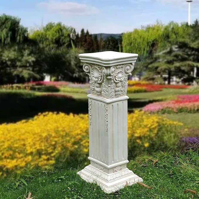 Large 35.5" Vintage Weathered Corinthian Column Pillar with Base Pedestal Magnesium Oxide Ideal for Displaying Statues, Vases, or Planters Decoration for Garden Backyard Patio Office, White