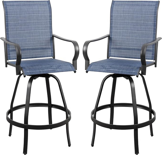 Vongrasig 2 Piece Patio Swivel Bar Chairs, All Weather Metal Textile High Swivel Bar Stools Chairs, Outdoor High Top Bistro Set for Backyard, Lawn Garden, Balcony, Denim Blue