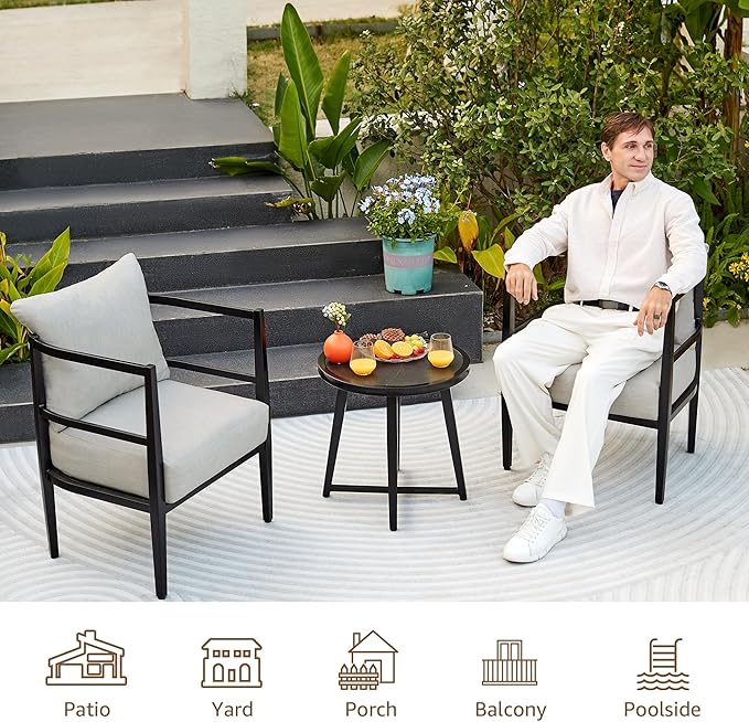 NATURAL EXPRESSIONS Outdoor Patio Furniture Conversation Sets 3 Pieces Patio Lawn Chair Set Porch Chairs with Metal Table for Balcony Yard Garden Lawn Poolside