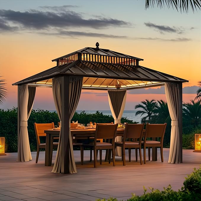 SUNJOY Kingston 12' x 10' Hardtop Gazebo with Galvanized Steel Double Roof, Curtain and Netting, Brown Aluminum Posts Permanent Pavilion Gazebo for Garden, Patio, Deck, Lawn