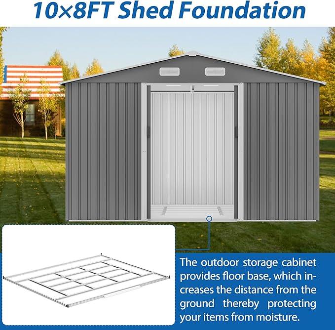 Favfurish Outdoor Storage Shed 10x8 FT with Lockable Sliding Doors,Metal Waterproof Tool Sheds W/Sloped Roof and Vent,for Backyard,Patio,Lawn,Grey