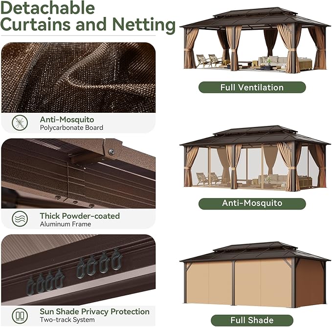 Aoxun 12'x20' Hardtop Gazebo, Aluminum Frame Permanent Pavilion with Curtains and Netting, Outdoor Polycarbonate Double Roof Canopy, Designed for Garden, Lawns, Patio