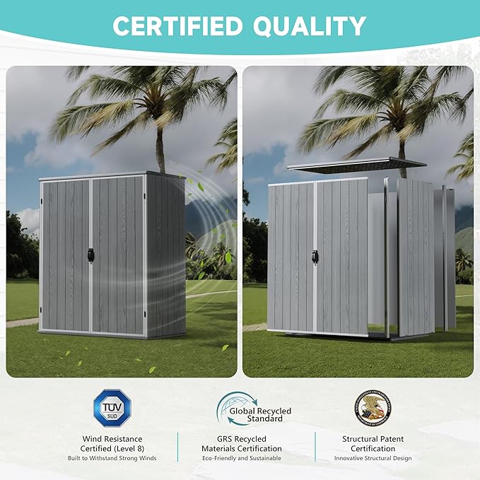 Greesum 5×3FT Plastic Outdoor Storage Shed with Floor, Resin Sheds with Lockable Door, Window and Vent, All-Weather Tool Storaged Sheds for Garden, Backyard, Patio, Light Gray (4.7×2.5FT)