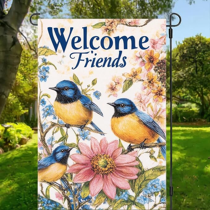 Garden Flag Hello Spring Yard Flag Garden Decoration 12x18 Inch Double Sided Welcome Friends Bluebirds Floral Design Outdoor Yard Banner for Spring and Summer Decoration