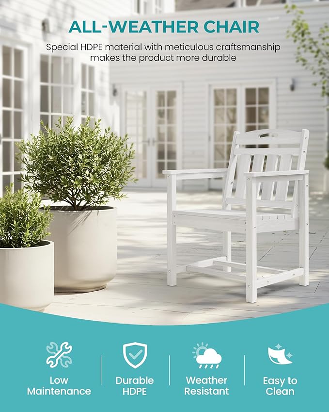 Set of 2 Weatherproof Patio Chairs - HDPE Outdoor Dining Chairs with Wide Seat, Ergonomic Design - for Garden, Backyard, Deck - White