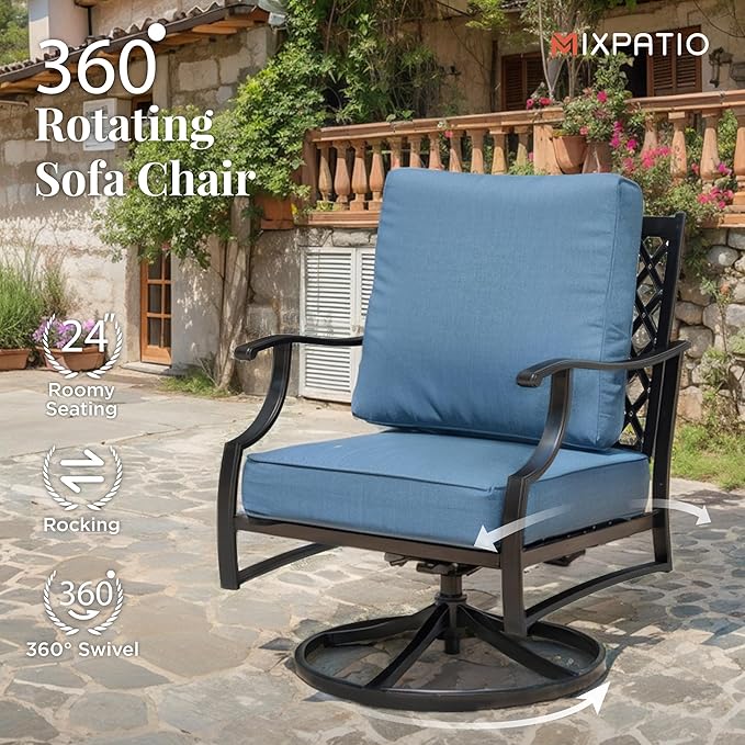 Patio Furniture Set 6 pcs, Outdoor Patio Furniture, 3-Seat Sofa, 2 Swivel Chairs, 2 Ottomans, Coffee Table and 5.75" Extra Thick Cushion, Conversation Set for Backyard Deck, Navy Blue
