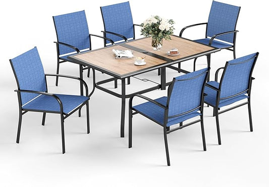 7 Pcs Patio Dining Set for 6, Rectangular Metal Dining Table (PVC Table Top) with Umbrella Hole and 6 Chairs, Outdoor Dining Set for Lawn Garden Deck, Blue