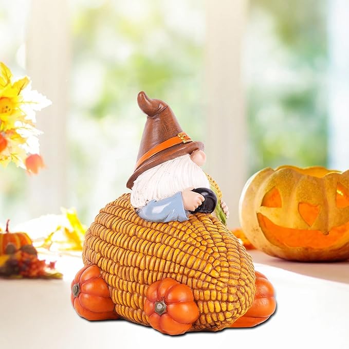 Autumn Gnome Statue Corn Car with Pumpkin Wheel Enchanting Fall Resin Figurine for Thanksgiving Party Home and Outdoor Decor