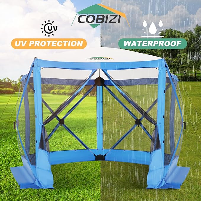 COBIZI 10x10ft Pop up Gazebo Screen House Tent for Camping, Pop-up Camping Canopy with Mesh Windows,Portable Outdoor Quick-Set Hub Tent with Carrying Bag&Ground Stakes,Blue(Upgraded 2.0)