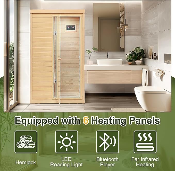 Infrared Sauna Home Sauna Box 1 Person Infrared Sauna Dry Sauna Far Infrared Sauna Indoor Sauna Hemlock Mini Single Person Sauna for Home on The Right of The Indoor Sauna Room, Natural