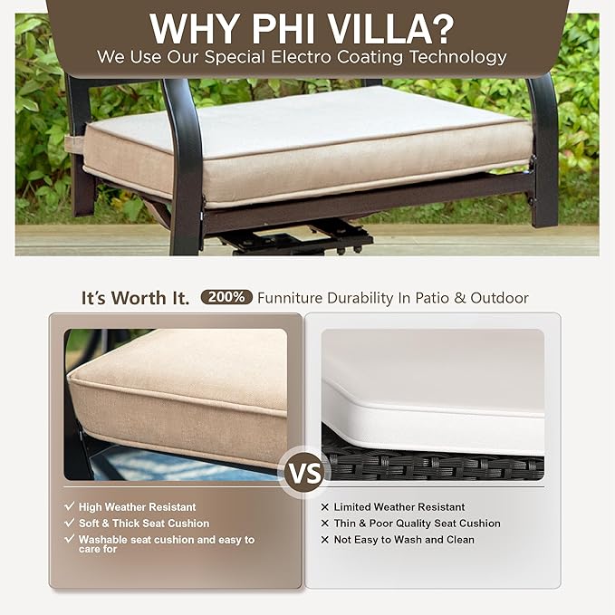 PHI VILLA 5-Piece Outdoor Dining Set, 4 Steel Metal Swivel Patio Chairs & 1 Square Dining Table, Wood-Like Pattern Armrest