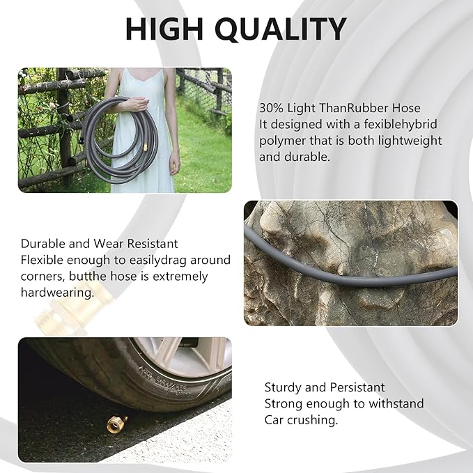 Garden Hose 5/8" x 50ft - Heavy Duty Rubber Water Hose 600 PSI Burst Pressure, No Kink & Durable Flexible Hose for Yard, Car Wash, Pets Gray