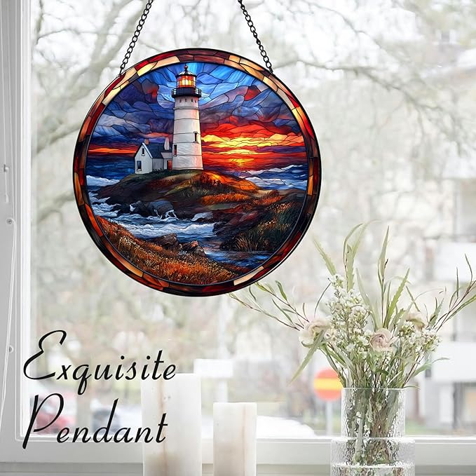 Coastal Lighthouse in Autumn Suncatcher -7.9 in Stained Glass Window Hanging Sun Catcher Garden Decor