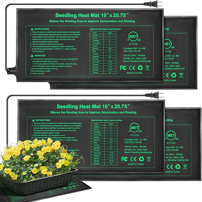 Bestio Seeding Heat Mat 10"x 20.75", 4 Pack Durable Seedling Heat Mat for Seed Starting, UL and MET Certified Waterproof Warming Mat Plant Heating Pad for Seed Germination,Hydroponics, Greenhouses