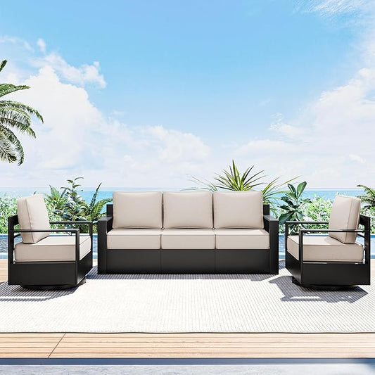Outdoor Patio Furniture Set, 3-Piece Aluminum Patio Conversation Set All-Weather Metal Outdoor Sectional with 6 Inch Thick Cushions, Deep Setting for Garden, Outside and Porch