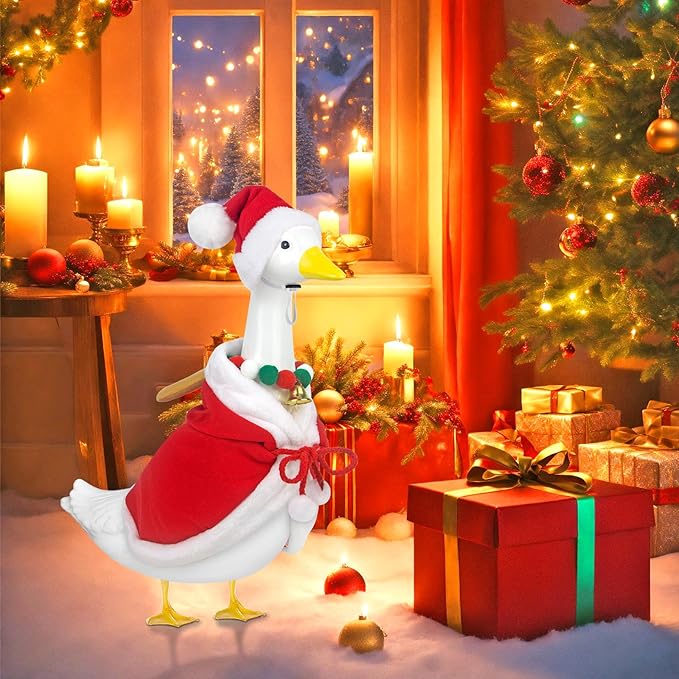 Christmas Porch Goose Outfits Mrs. Claus Goose Clothes Fits 23" Plastic Cement Statues, Red Cloak Goose Outfit Costume with Bell Necklace and Hat for Outdoor Garden Patio Yard Lawn Party Decoration