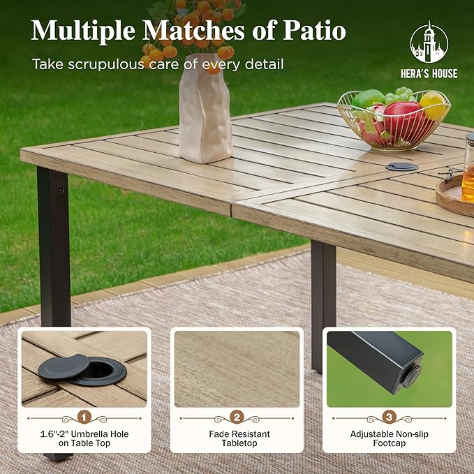 HERA'S HOUSE 7-Piece Outdoor Dining Set for 6, 60" Weather-Resistant Metal Patio Table with 6 Foldable Grey Chairs, Perfect for Garden, Backyard, Porch & Lawn (Space-Saving Design)