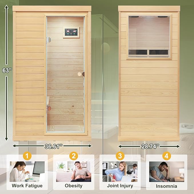 Infrared Sauna Home Sauna Box 1 Person Infrared Sauna Dry Sauna Far Infrared Sauna Indoor Sauna Hemlock Mini Single Person Sauna for Home on The Right of The Indoor Sauna Room, Natural
