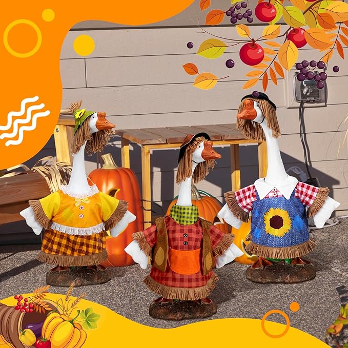 3 Set Fall Goose Outfit 23 Inch Fall Pilgrim Cement Goose Outfit Thanksgiving Scarecrow Porch Decor Clothes Costume for Autumn Garden Yard Statue Decor