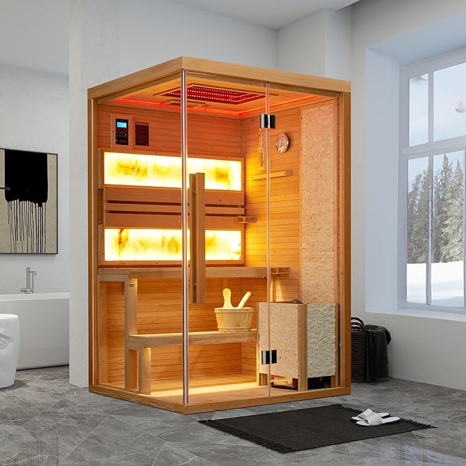 Traditional Steam Saunas for 2-4 Person,Luxurious Indoor Sauna with 2300W Stove Heater,Wood Saunas Room with 2 Himalayan Salt Bricks,7-Color Dynamic Abysm Sky Lights,Bluetooth Speaker