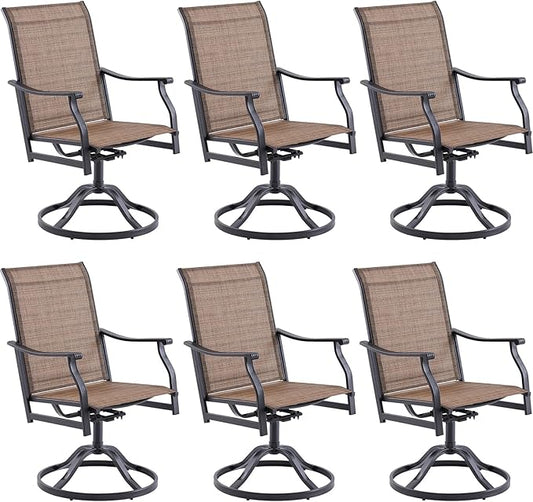 Patio Swivel Chairs Set of 6, Outdoor Dining Chairs with Textilene, Swivel & Rocker Metal Outdoor Patio Dining Chair All-Weather for Backyard, Brown Fabric with Black Frame