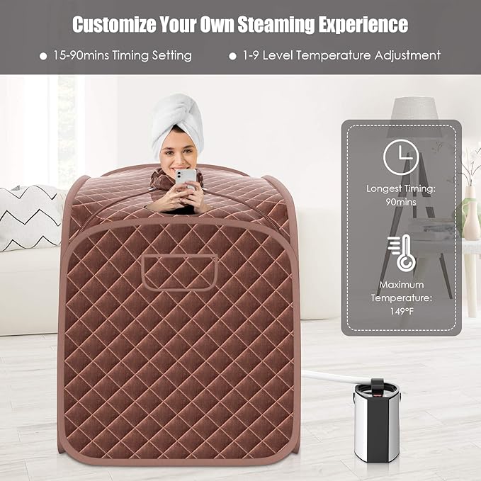 COSTWAY Portable Steam Sauna, 3L Foldable Sauna Spa with Remote Control, 9-Gear Temperature and Timer, Atomization Function, Personal Sauna Tent for Relaxation at Home (Coffee)