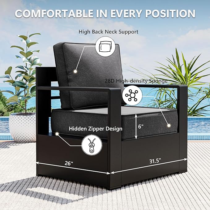 Outdoor Patio Furniture Set, 5-Piece Aluminum Patio Conversation Set All-Weather Metal Outdoor Sectional with 6 Inch Thick Cushions, Deep Setting for Garden, Outside and Porch