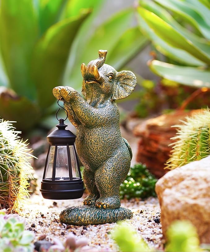 Solar Elephant Garden Statues for Outdoor: Outside Sculpture Lantern Decor for Yard Lawn Porch Patio Balcony Decorations Gifts for Grandma Mom Women