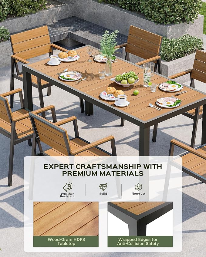 Outdoor Dining Set, Patio Table and Chairs of 4, Aluminum Outdoor Furniture Set with Umbrella Hole, HDPS Patio Dining Table Set for 4 (Gray-Teak)