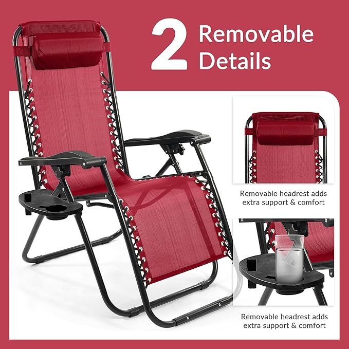 Elevon Zero Gravity Chair Set of 2 with Cup Holder & Removable Pillows, Adjustable Reclining Outdoor Patio Folding Chairs Portable Lounge Chair Furniture for Poolside, Lawn, Beach, Camping, Red