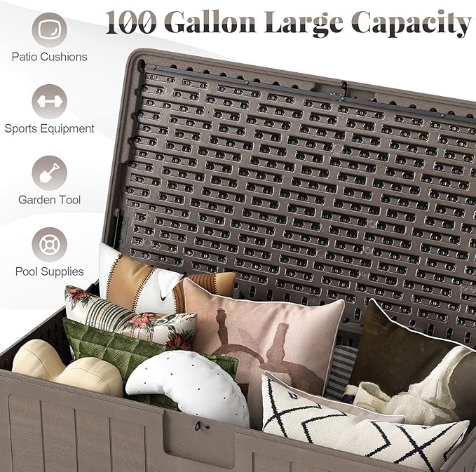 HAPPYGRILL Outdoor Storage Deck Box with Lockable Design & Gas Strut, Handle, 100 Gallon HDPE Patio Storage Organizer for Lawn Backyard Poolside (Brown)