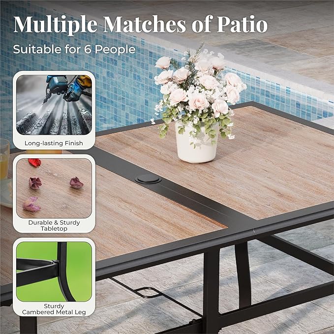 7 Pieces Patio Table and Chairs Set, Outdoor Dining Furniture Set for 6, 6 Red Textilene Chairs and 61" Wood-Like Table Top with Umbrella Hole, for Deck Backyard Lawn
